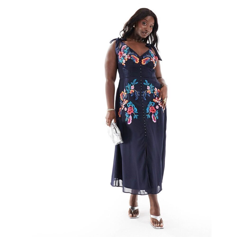 NEW Hope & Ivy tie shoulder embroidered midi dress size 24 navy Blue Floral Slee